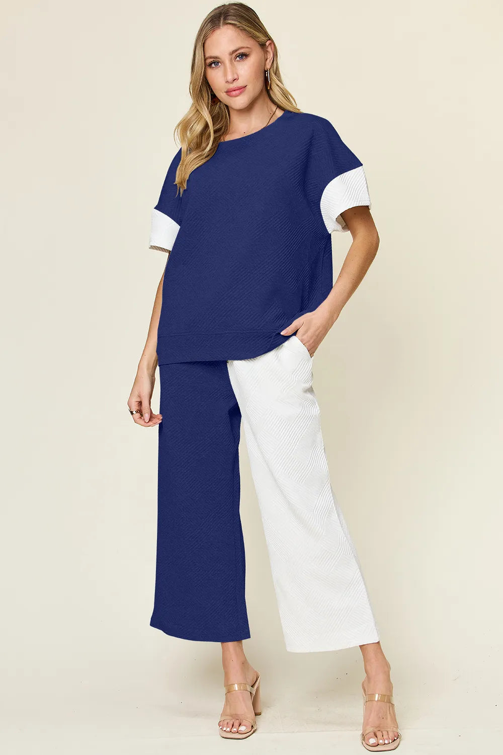 Textured Contrast T-Shirt and Wide Leg Pants Set - In Style Chics Boutique Women's Clothes 