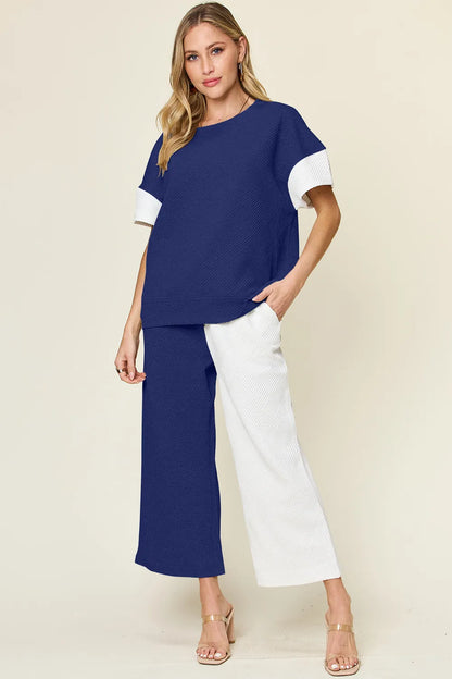 Textured Contrast T-Shirt and Wide Leg Pants Set - In Style Chics Boutique Women's Clothes 