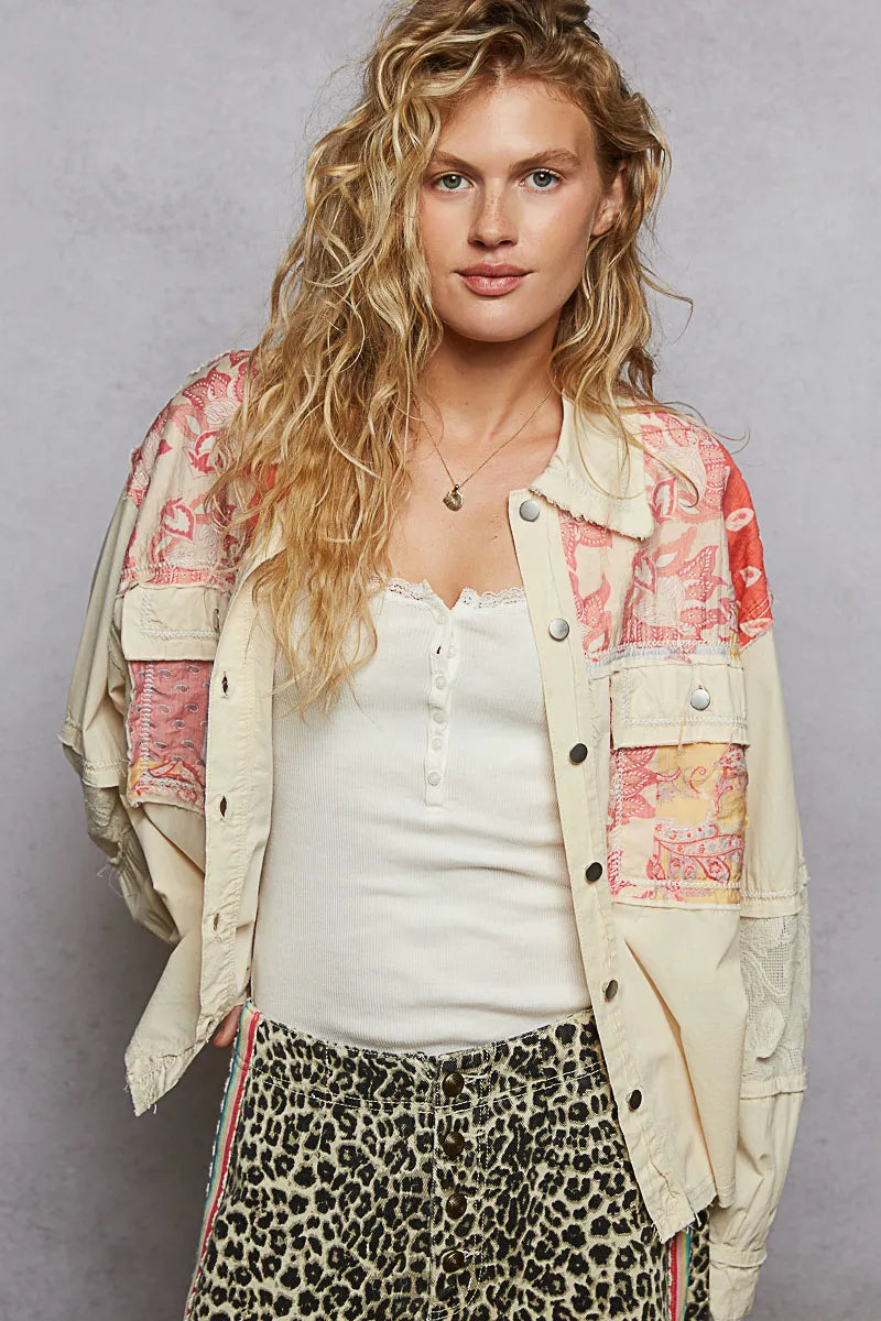 Jacket with Lace Detail, Printed Woven Mix Raw Hem - In Style Chics Boutique 
