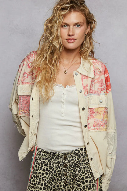 Jacket with Lace Detail, Printed Woven Mix Raw Hem - In Style Chics Boutique 