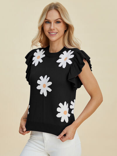 Ruffled Flower Round Neck Cap Sleeve Sweater - In Style Chics Boutique - Shop Online Plus Size Clothing 