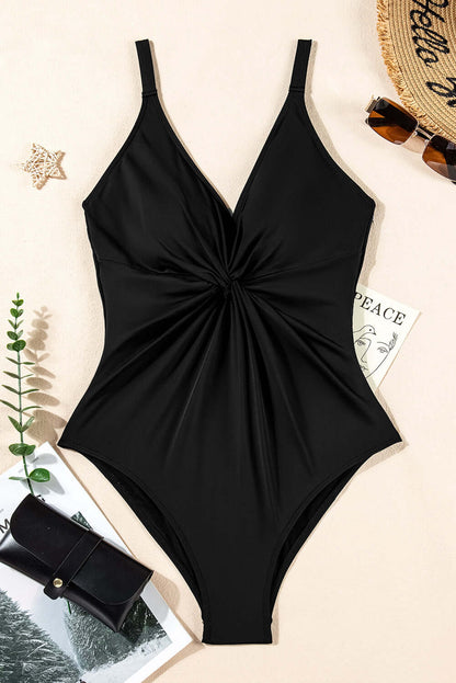 Black V Neck Twist Ruched Crisscross Backless One-Piece Swimsuit - In Style Chics Boutique Online Clothing Women's Juniors
