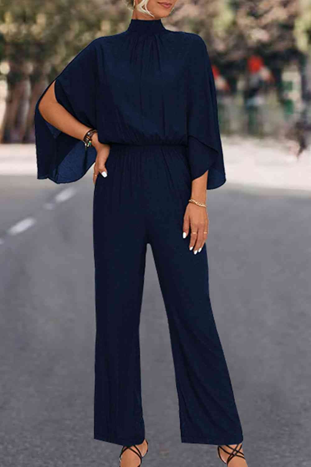 Tie Back Mock Neck Split Sleeve Jumpsuit - In Style Chics Boutique