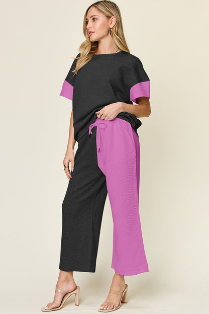 Double Take Full Size Texture Contrast T-Shirt and Wide Leg Pants Set - More Colors! - In Style Chics Boutique LLC