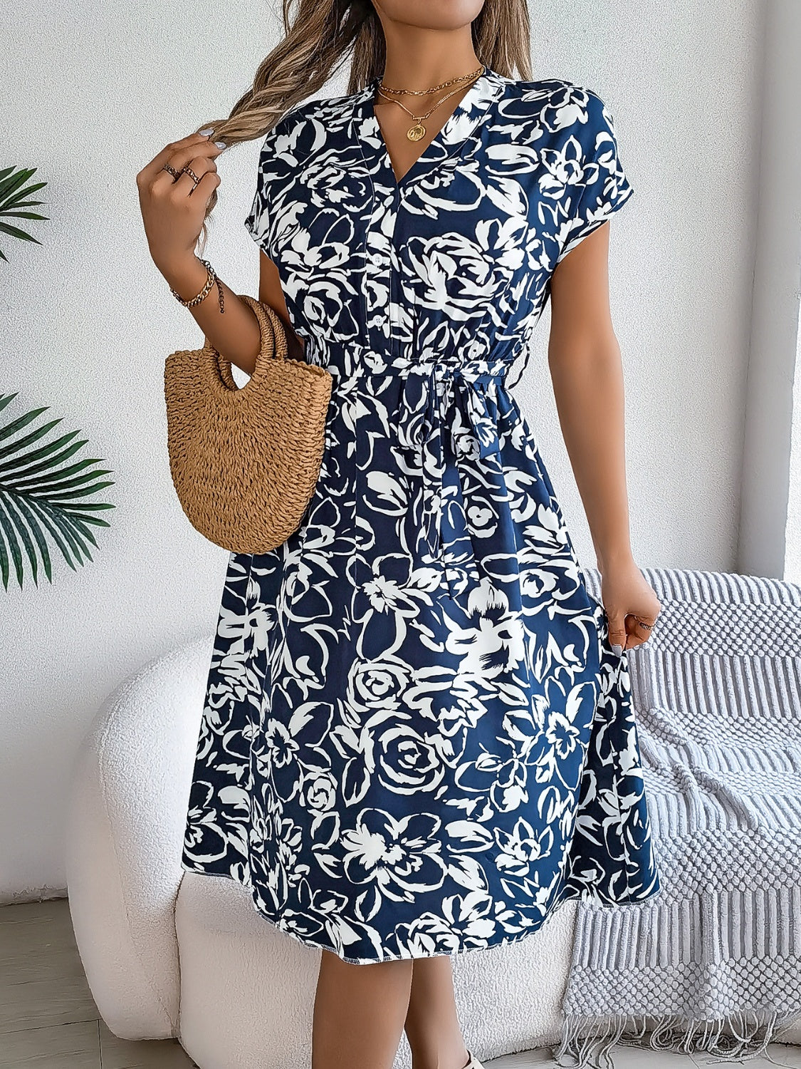 Printed V-Neck Short Sleeve Dress - In Style Chics Boutique LLC