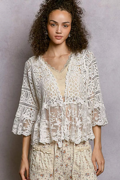 Floral White Lace Short Sleeve Crochet Cardigan with Tassel Tie by POL