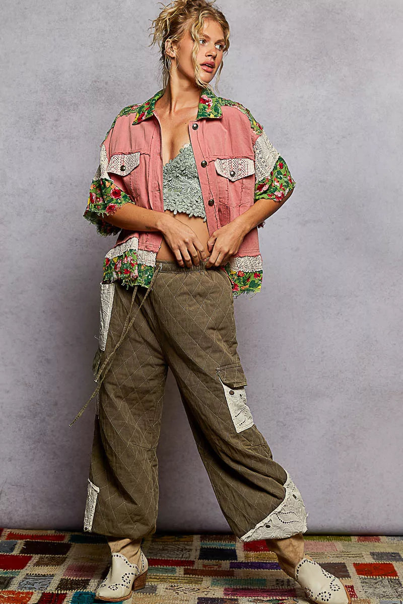 Lace Patch Floral Half Sleeve Shacket at In Style Chics Boutique