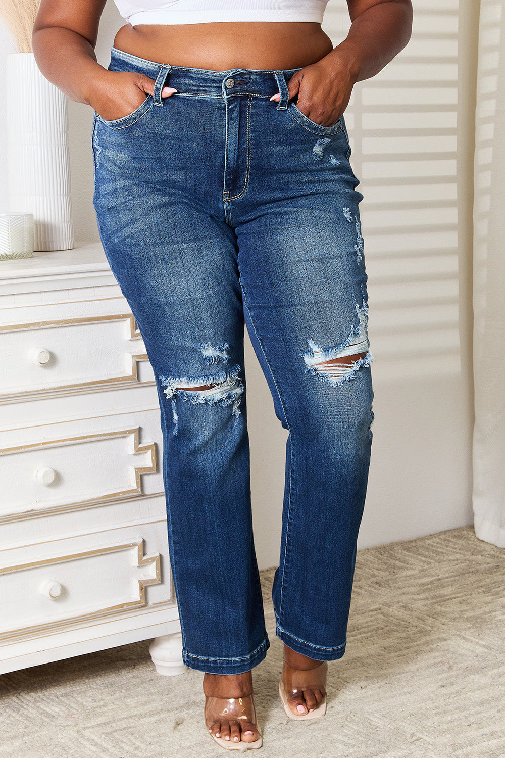 Judy Blue Full Size Mid Rise Hand Sand & Destroy Bootcut Jeans - In Style Chics Boutique LLC