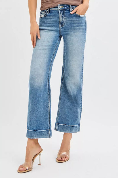 RISEN Mid Rise Crop Straight Jeans with Taylor Cuffed at In Style Chics Boutique 