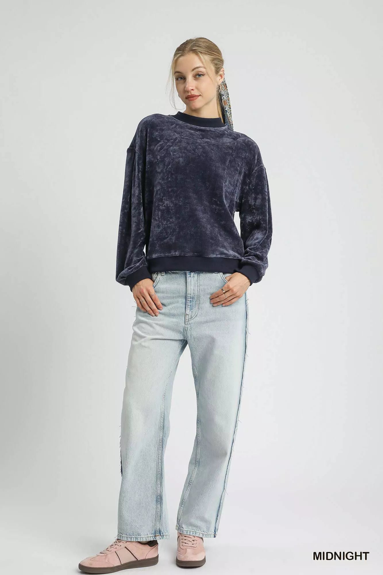 Velour Crewneck Sweatshirt with Balloon Sleeves at In Style Chics Boutique 