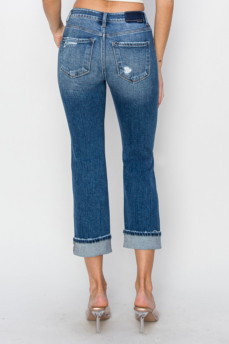 RISEN Full Size Cuffed Ankle Distressed Straight Jeans - In Style Chics Boutique LLC