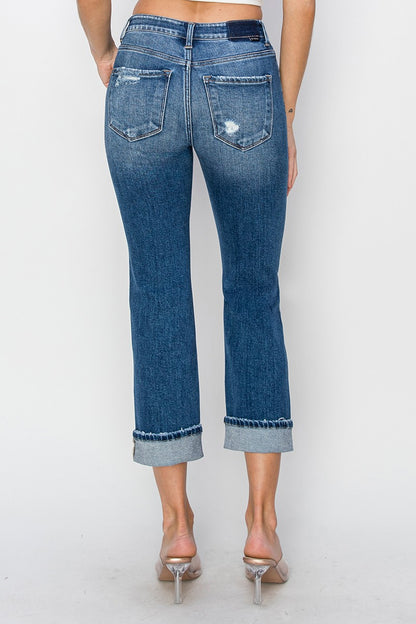 RISEN Full Size Cuffed Ankle Distressed Straight Jeans - In Style Chics Boutique LLC