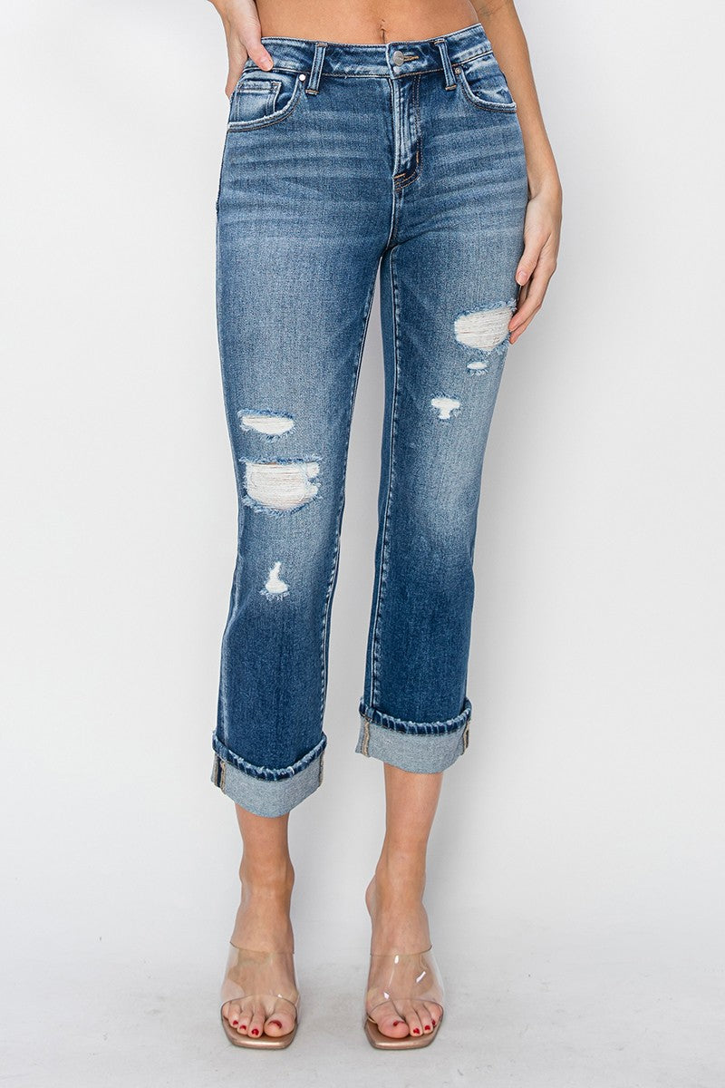 RISEN Full Size Cuffed Ankle Distressed Straight Jeans - In Style Chics Boutique LLC