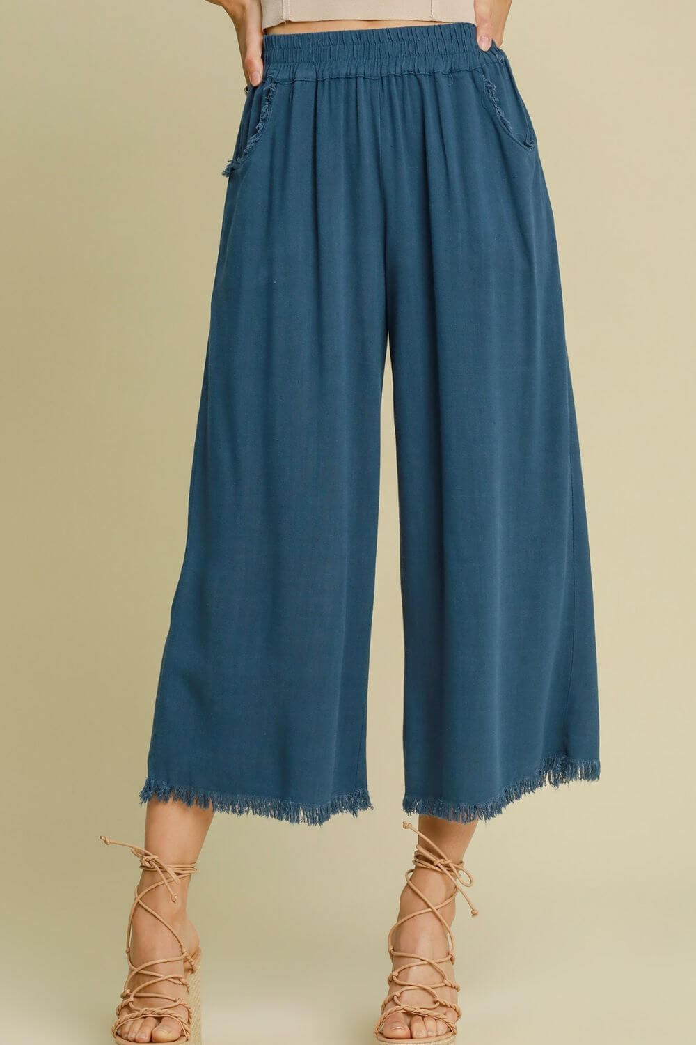 Linen Blend Elastic Waistband Wide Leg Pants - In Style Chics Boutique Online Women's Juniors Plus Size Apparel 