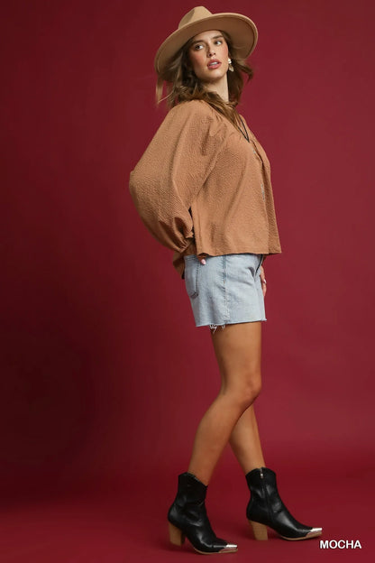 Textured Notched Mocha Blouse with Balloon Sleeves at In Style Chics Boutique 