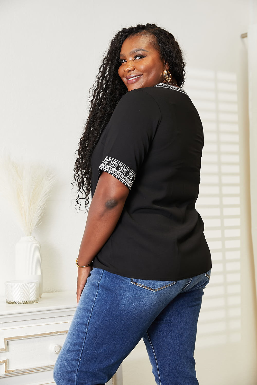 Embroidered Notched Neck Top - In Style Chics Boutique 