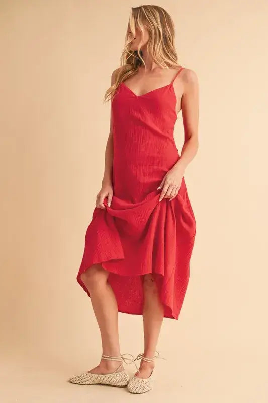 Side Button Midi Red Cami Dress - In Style Chics Boutique Women's Juniors Apparel Online In Style Clothes