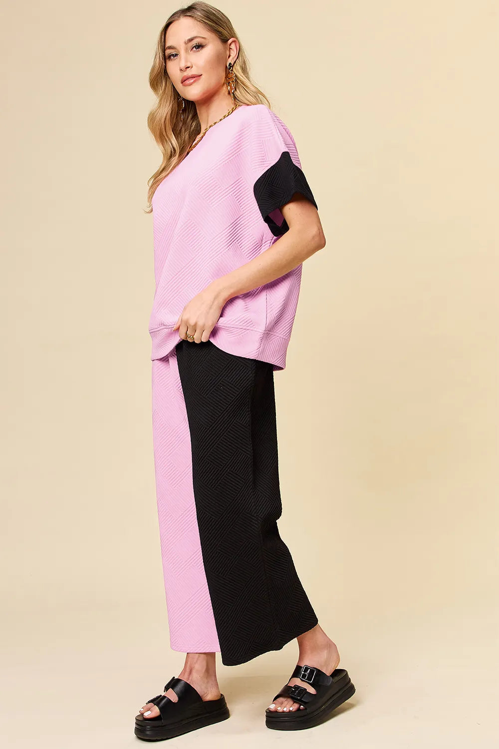 Textured Contrast T-Shirt and Wide Leg Pants Set - In Style Chics Boutique Women's Clothes 