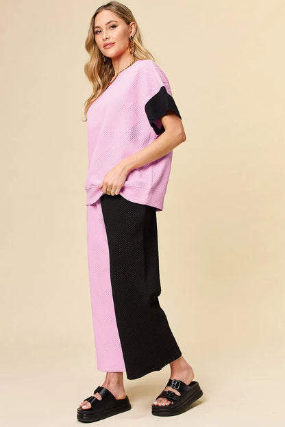 Textured Contrast T-Shirt and Wide Leg Pants Set - In Style Chics Boutique Women's Clothes 