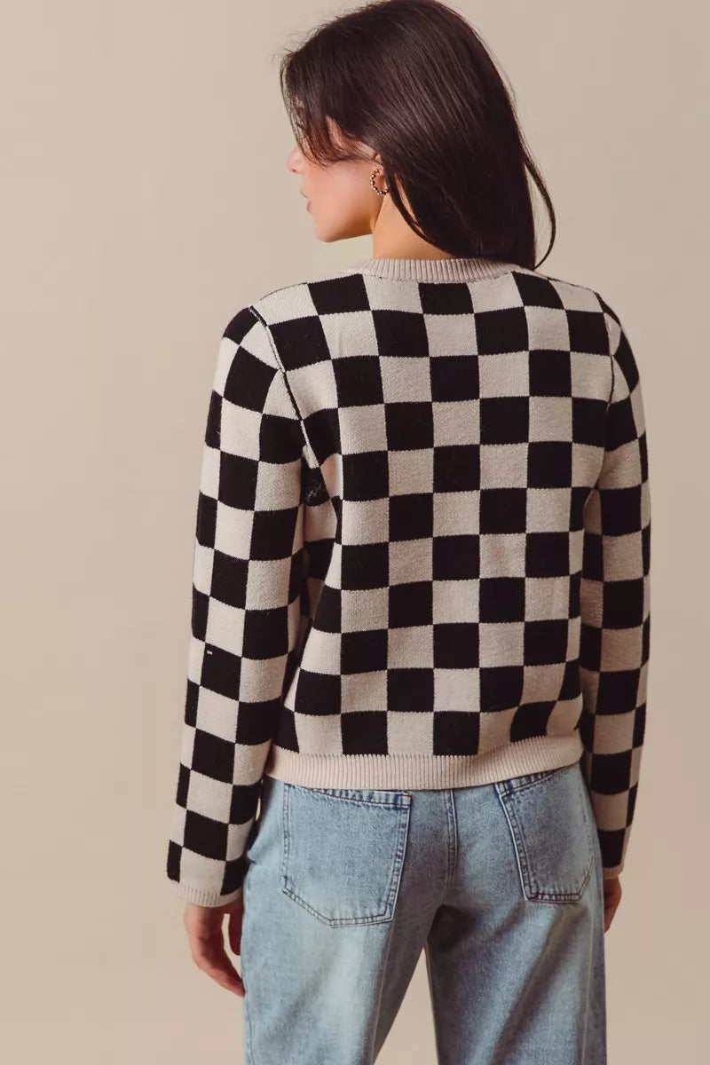 Shop Tie Front Checkered Knitted Round Neck Cardigan at In Style Chics Boutique