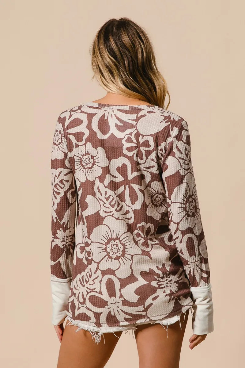 Flower Printed Waffle Thumb Opening Top at In Style Chics Boutique 