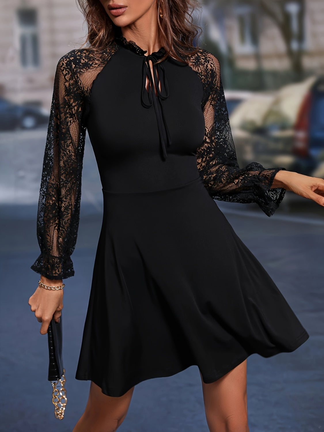 Lace Tie Neck Flounce Sleeve Dress - In Style Chics Boutique LLC