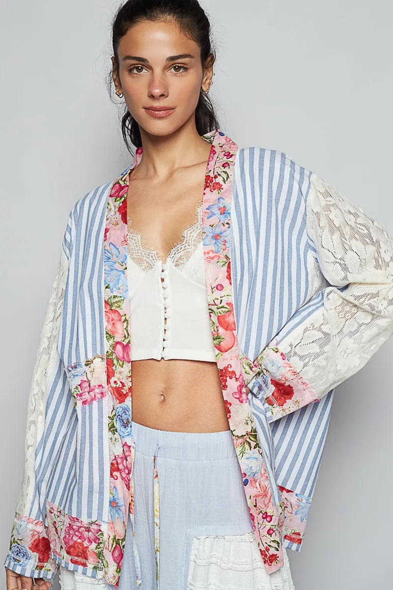Lace Long Sleeve Striped Cardigan with Floral Patchwork - In Style Chics Boutique 
