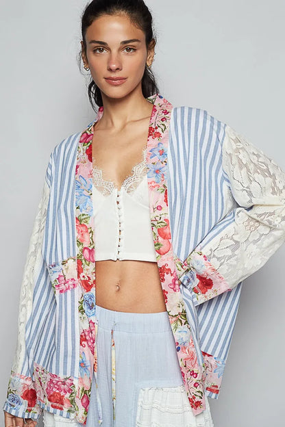 Lace Long Sleeve Striped Cardigan with Floral Patchwork - In Style Chics Boutique 
