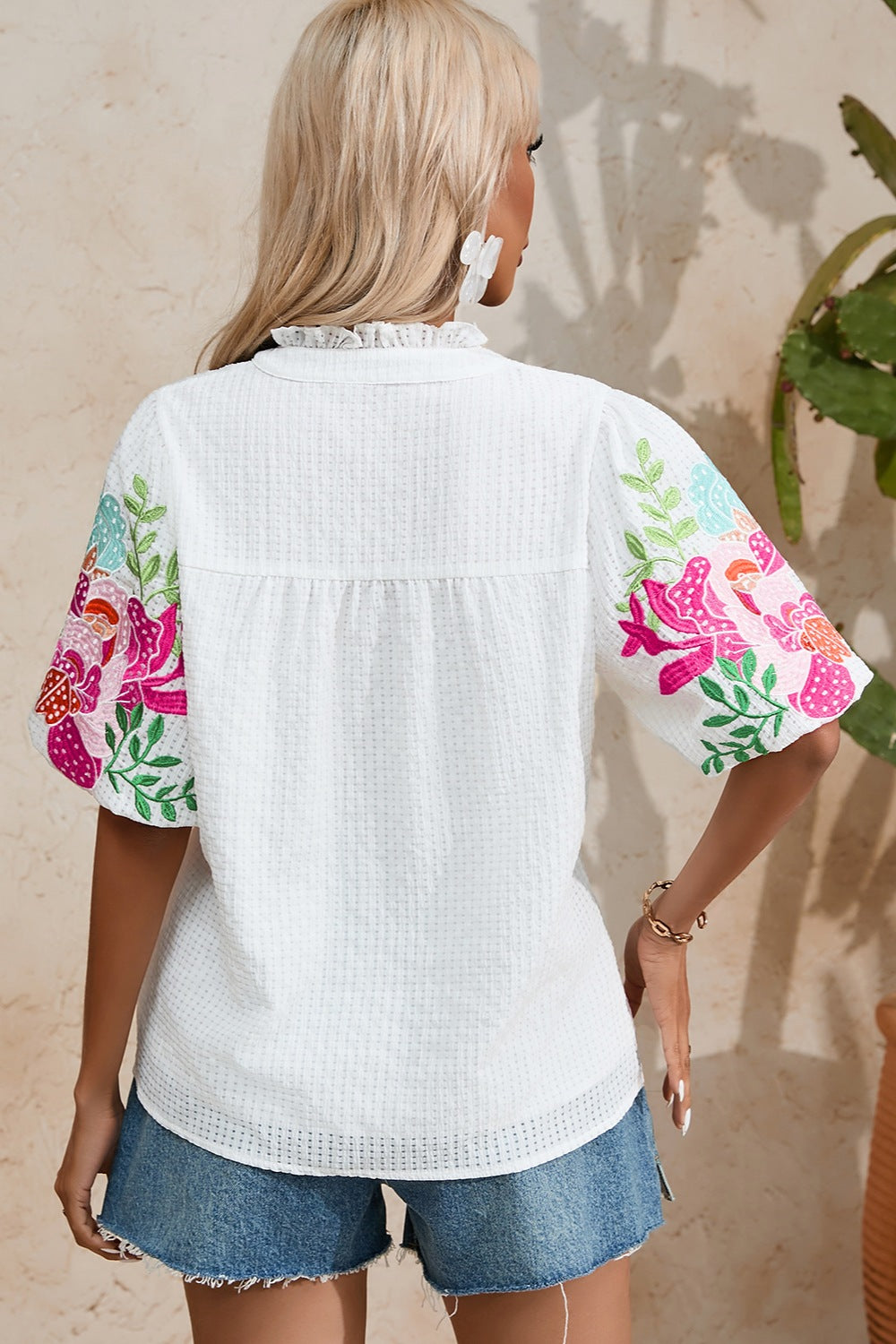 Embroidered Notched Half Sleeve Blouse - In Style Chics Boutique LLC