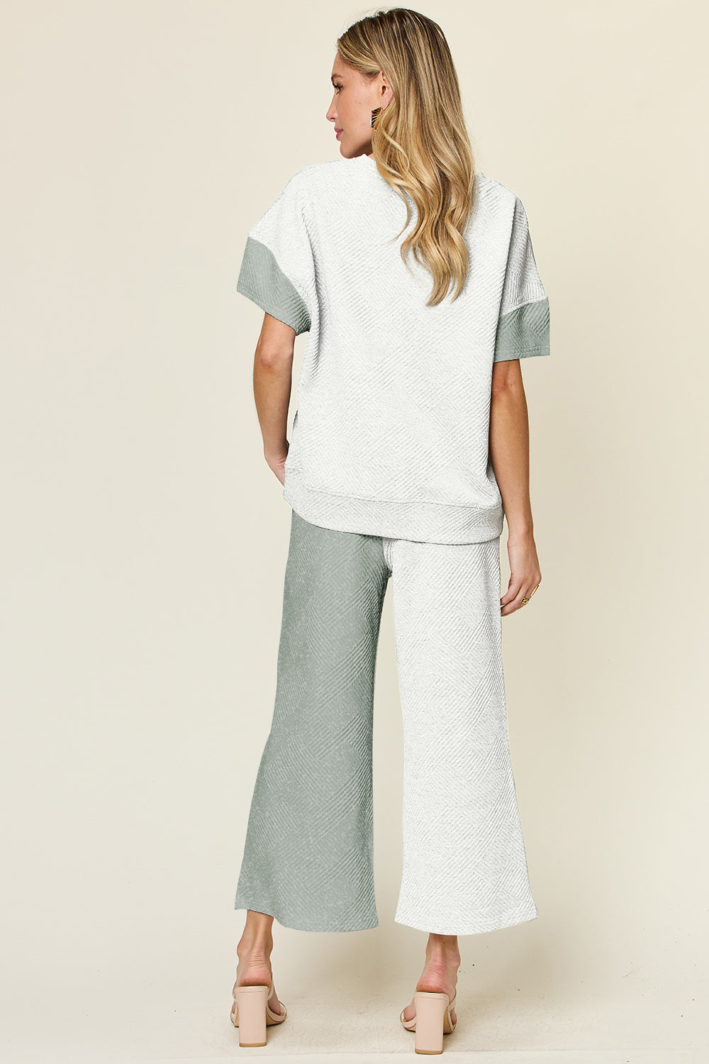 Double Take Full Size Texture Contrast T-Shirt and Wide Leg Pants Set - In Style Chics Boutique LLC