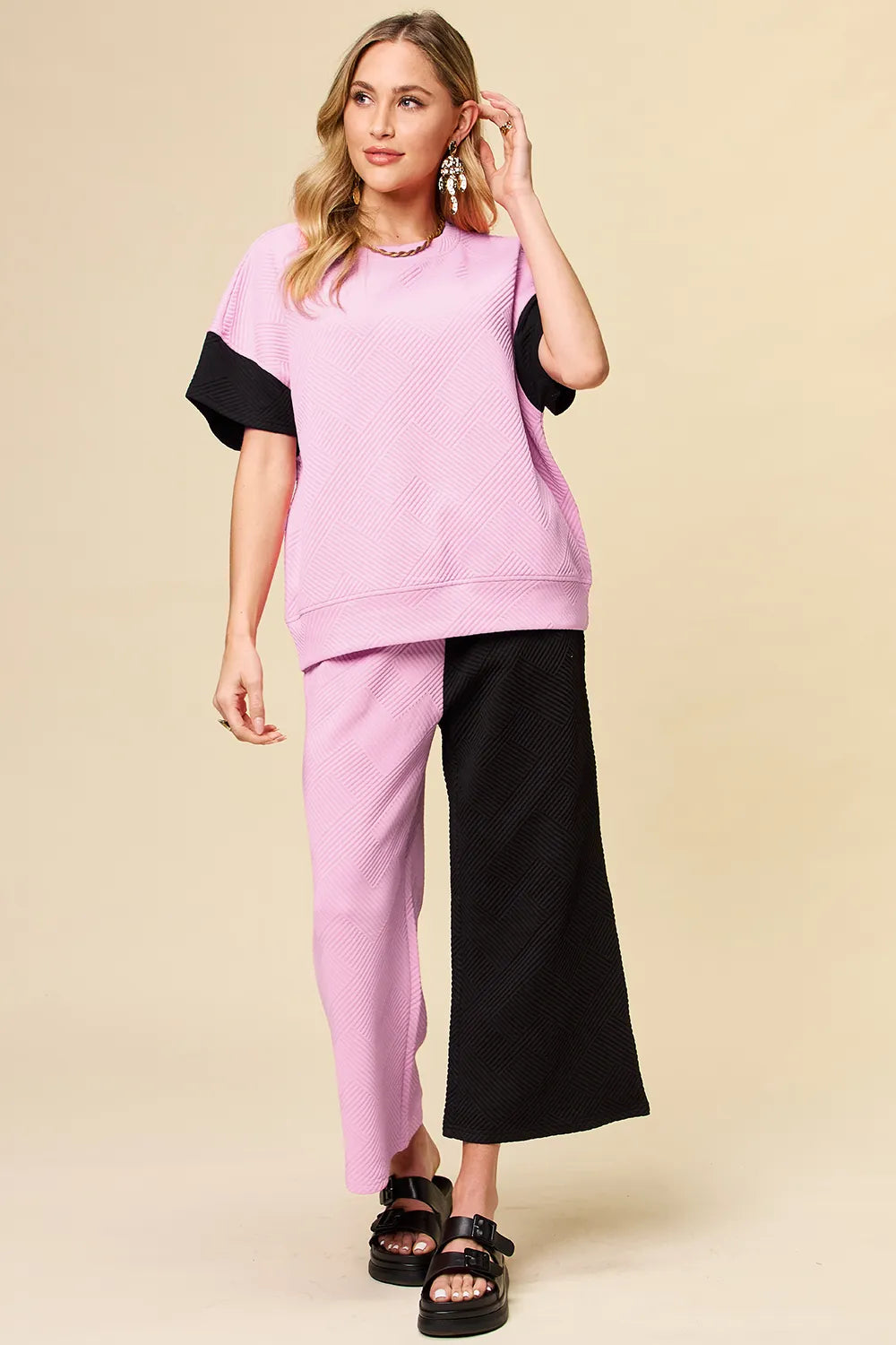 Textured Contrast T-Shirt and Wide Leg Pants Set - In Style Chics Boutique Women's Clothes 