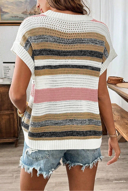 Cute Clothes Online - Pink Stripe Color Block Eyelet Knit Short Sleeve Sweater Tee - In Style Chics Boutique Women's Juniors 