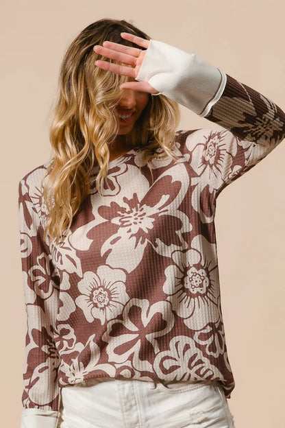 Flower Printed Waffle Thumb Opening Top at In Style Chics Boutique 