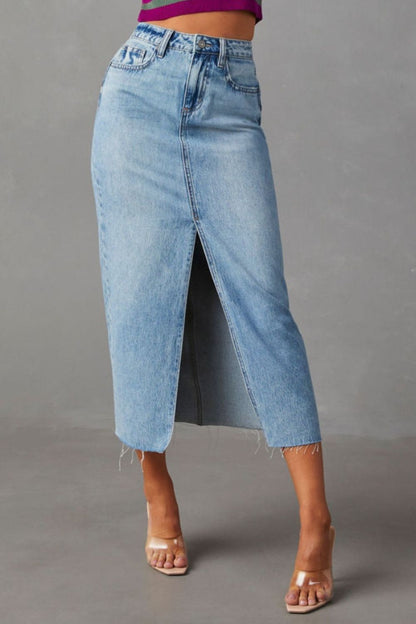 Slit Raw Hem Midi Denim Skirt - In Style Chics Boutique LLC