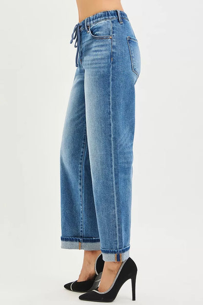 RISEN Elastic Band Slouch Ankle Boyfriend Cuffed Hem Jeans