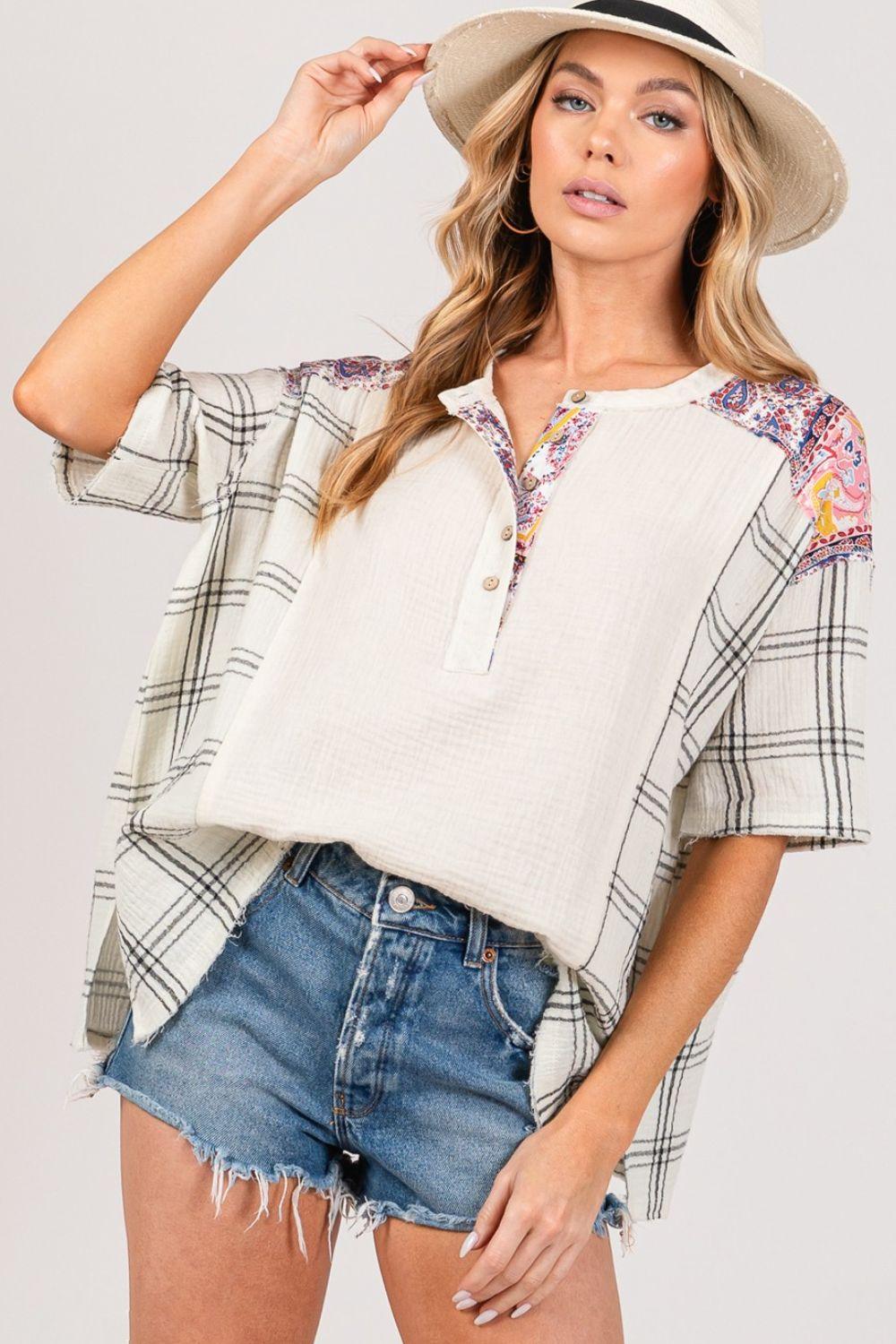 SAGE + FIG Plaid Half Button Gauze Top - In Style Chics Boutique LLC