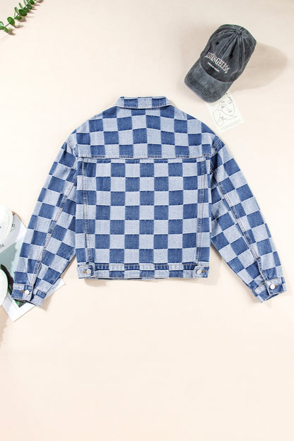 Checkered Button Up Long Sleeve Denim Jacket - In Style Chics Boutique LLC