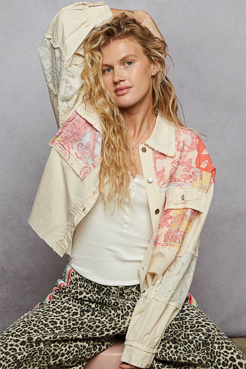 Jacket with Lace Detail, Printed Woven Mix Raw Hem - In Style Chics Boutique 