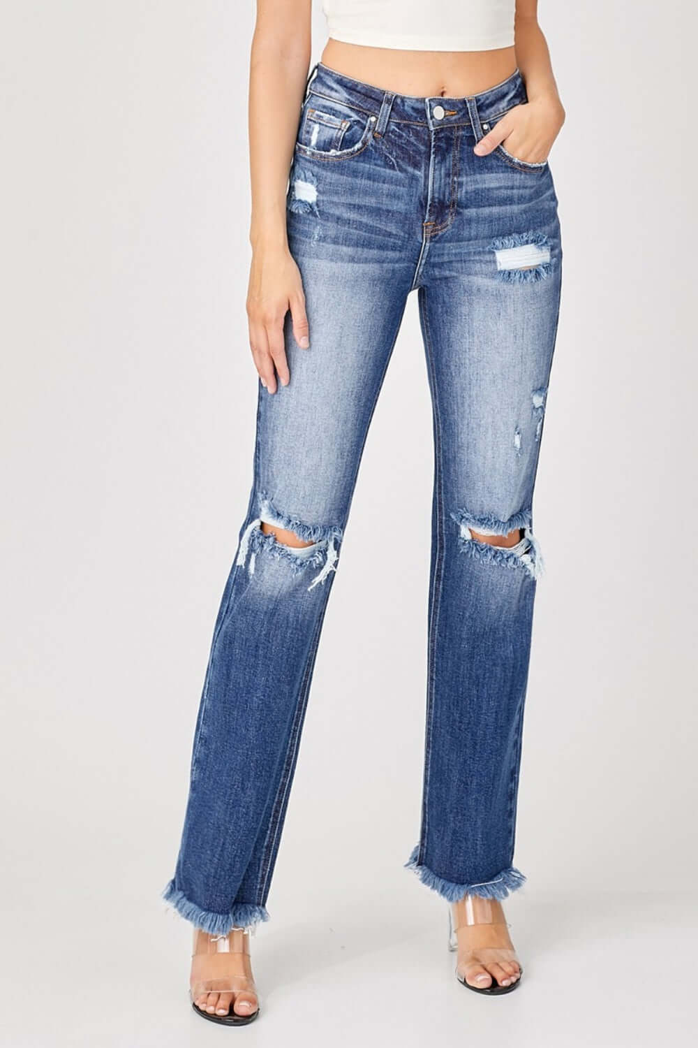 Risen Full Size Raw Hem Distressed Straight Jeans - In Style Chics Boutique LLC