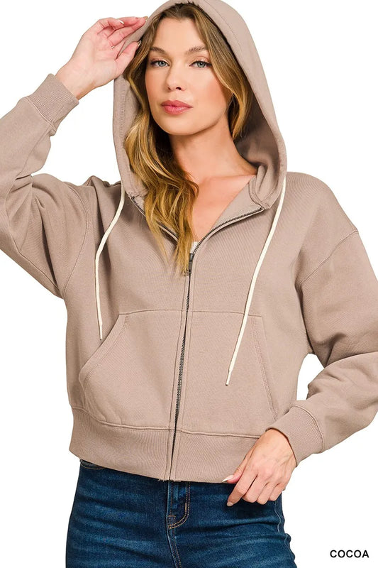 Fleece Cropped Zip-up Hoodie with Pockets at In Style Chics Boutique 