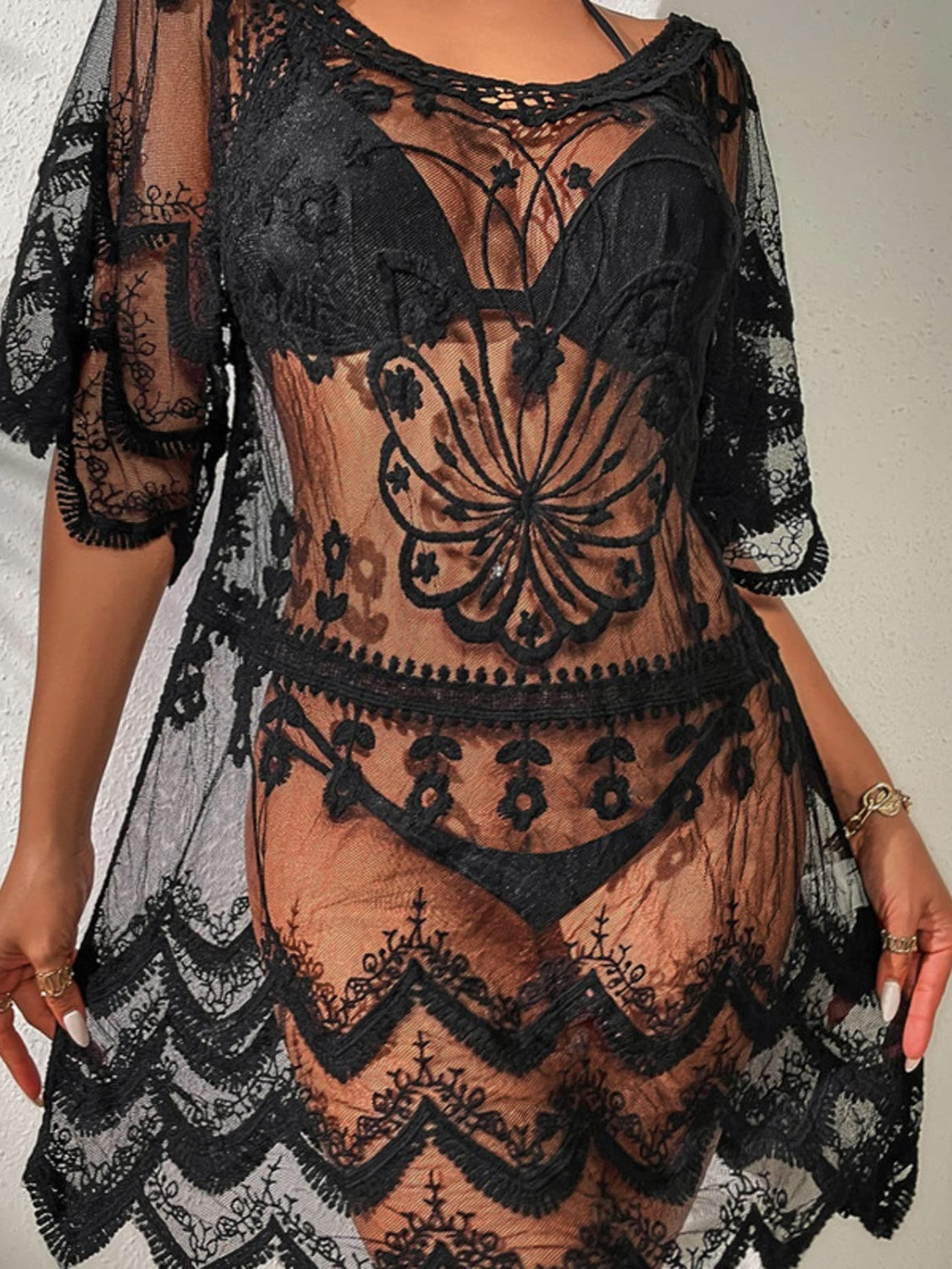 Lace Round Neck Half Sleeve Cover-Up - In Style Chics Boutique LLC