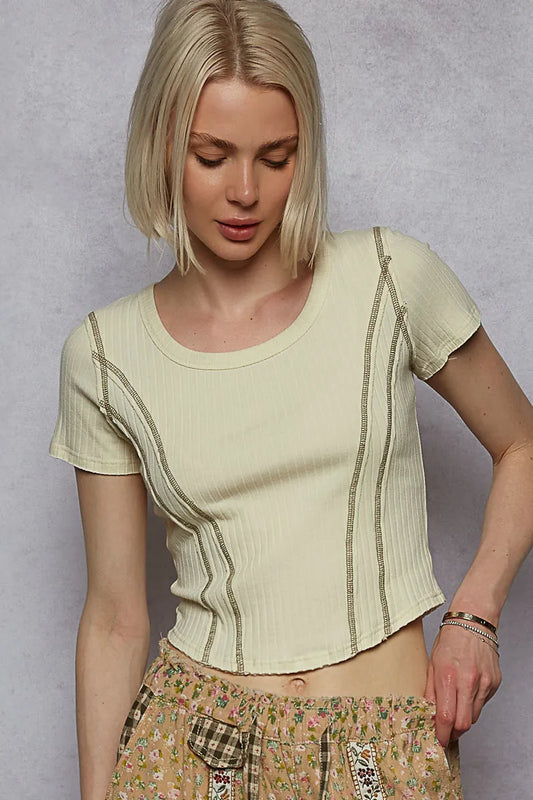 Crop T-Shirt with Contrast Stitching Round Neck  - In Style Chics Boutique 