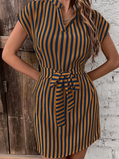 Tied Striped Cap Sleeve Mini Dress - In Style Chics Boutique LLC