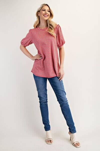 Women's Gingham Print Top With Puff Short Sleeves - In Style Chics Boutique