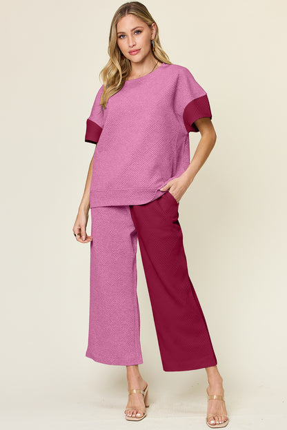 Double Take Full Size Texture Contrast T-Shirt and Wide Leg Pants Set - More Colors! - In Style Chics Boutique LLC