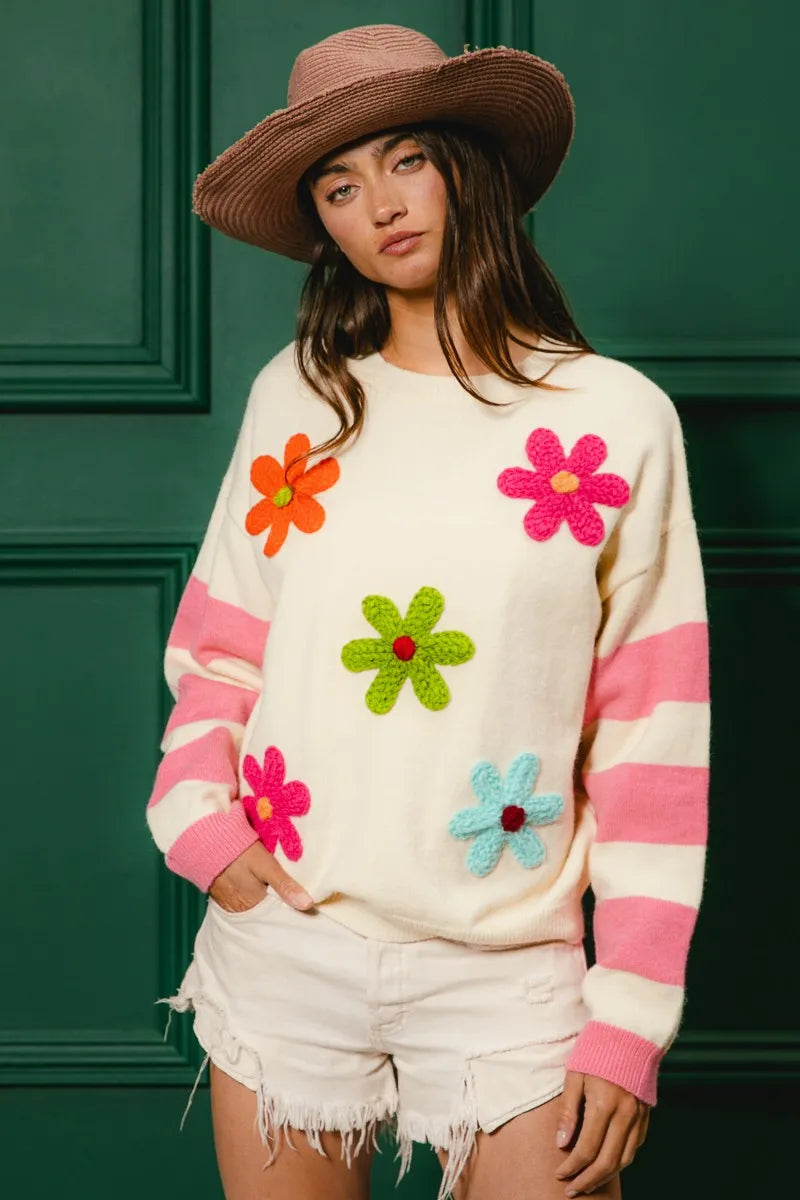 Colorful Floral Patched Sweater with Striped Sleeve at In Style Chics Boutique 