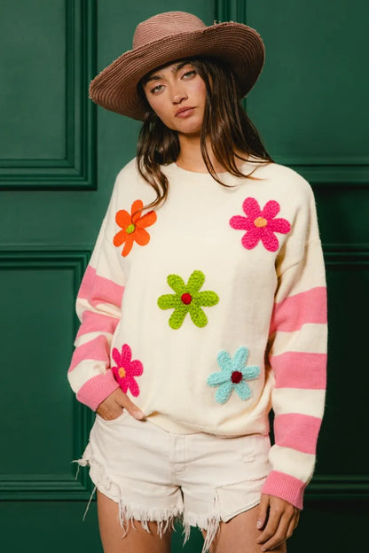 Colorful Floral Patched Sweater with Striped Sleeve at In Style Chics Boutique 