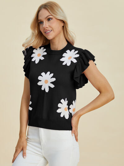 Ruffled Flower Round Neck Cap Sleeve Sweater - In Style Chics Boutique - Shop Online Plus Size Clothing 