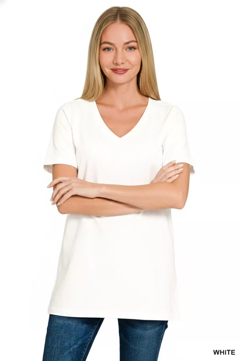 White V Neck Premium Basic Tee with Soft Stretch Fabric and Everyday Fit 🤍