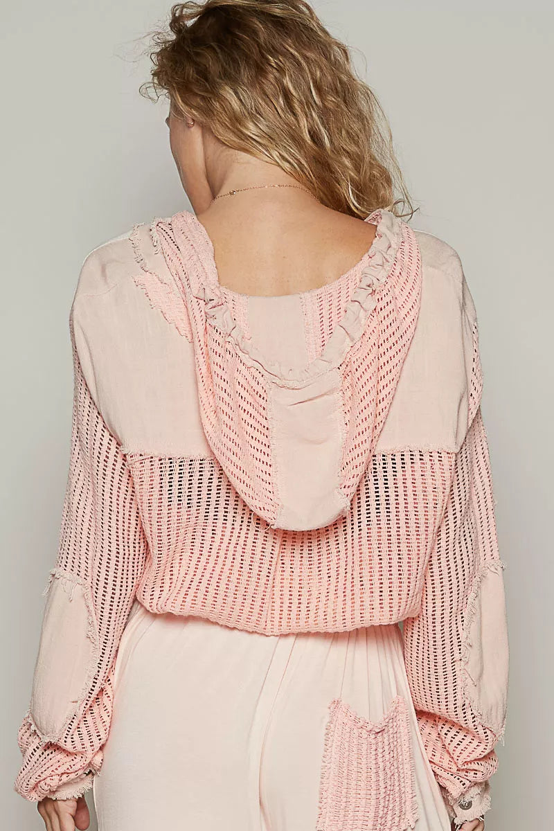 Button Down Hooded Shirt, Texture Woven Drawstring Hem Hoodie at In Style Chics Boutique 